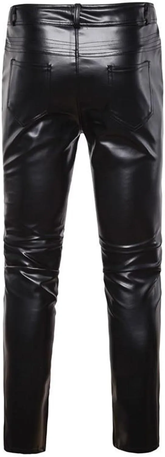 Mens Leather Pants Relaxed Fit Elastic Waist Solid Color Casual Pants Fashion Nightclub Party Performance Clothes for Men