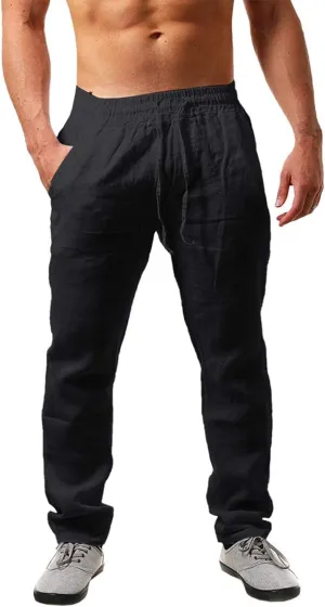 Men's Linen Pants Lightweight Breathable Loose Fit Elastic Drawstring Waist Quick Dry for Yoga Beach Casual Wear