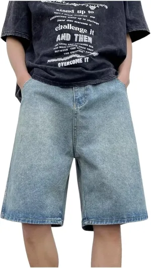 Men's Loose Fit Hip Hop Long Jean Shorts Work Denim Shorts with Pockets Skateboard Trendy Outfits
