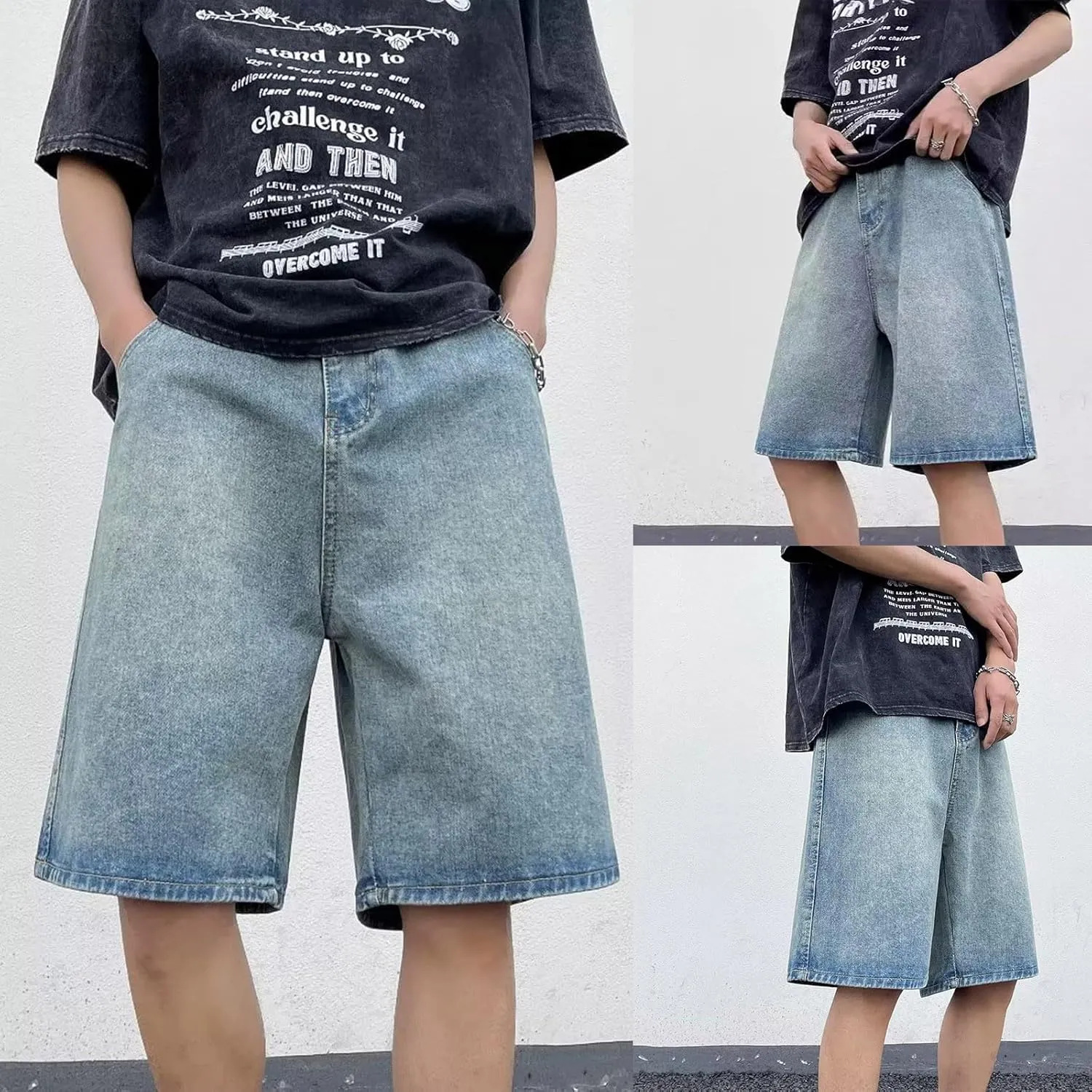 Men's Loose Fit Hip Hop Long Jean Shorts Work Denim Shorts with Pockets Skateboard Trendy Outfits