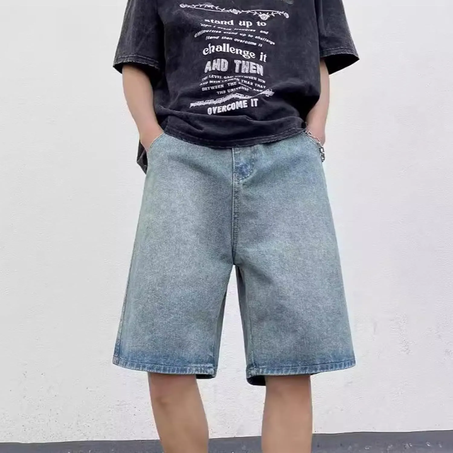 Men's Loose Fit Hip Hop Long Jean Shorts Work Denim Shorts with Pockets Skateboard Trendy Outfits