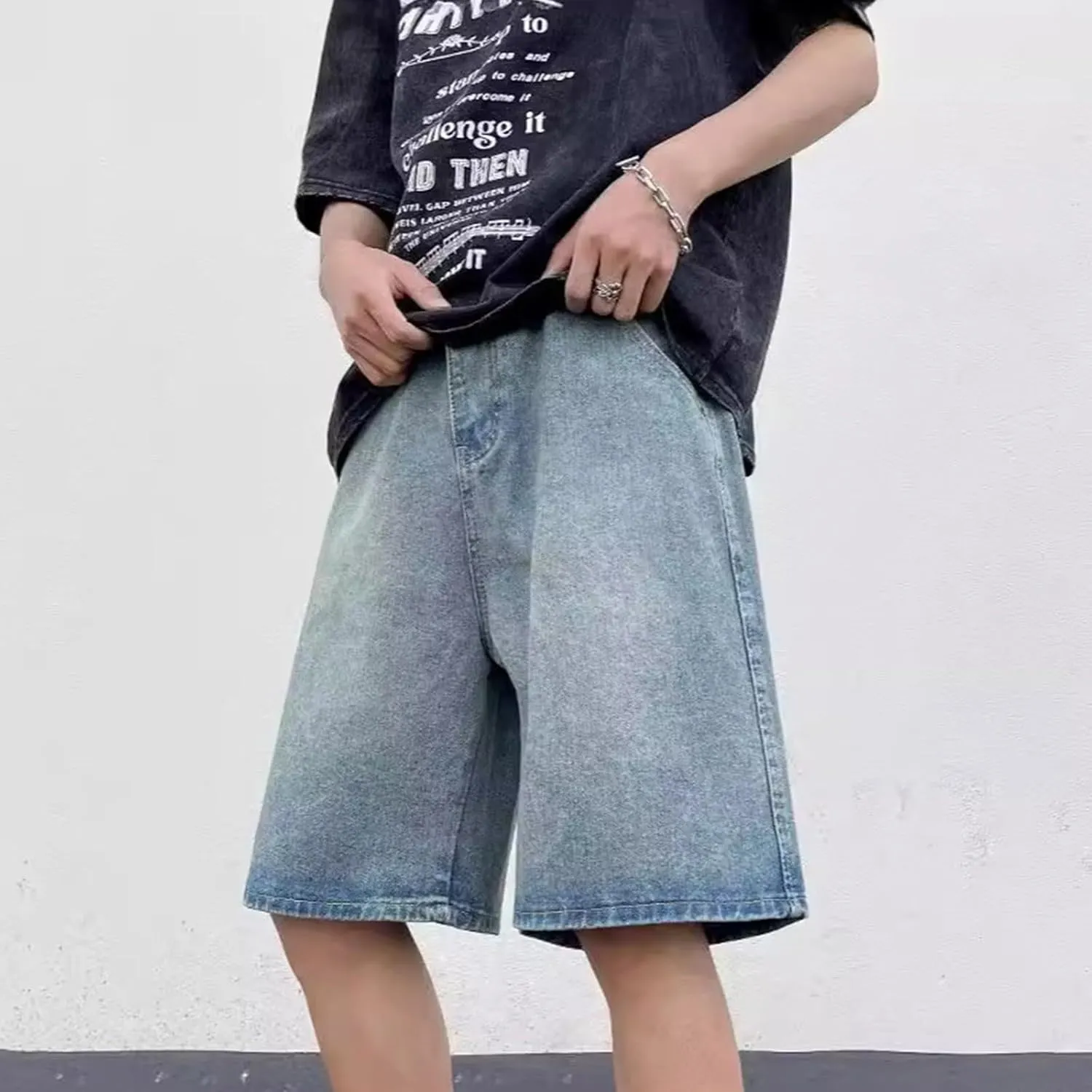 Men's Loose Fit Hip Hop Long Jean Shorts Work Denim Shorts with Pockets Skateboard Trendy Outfits
