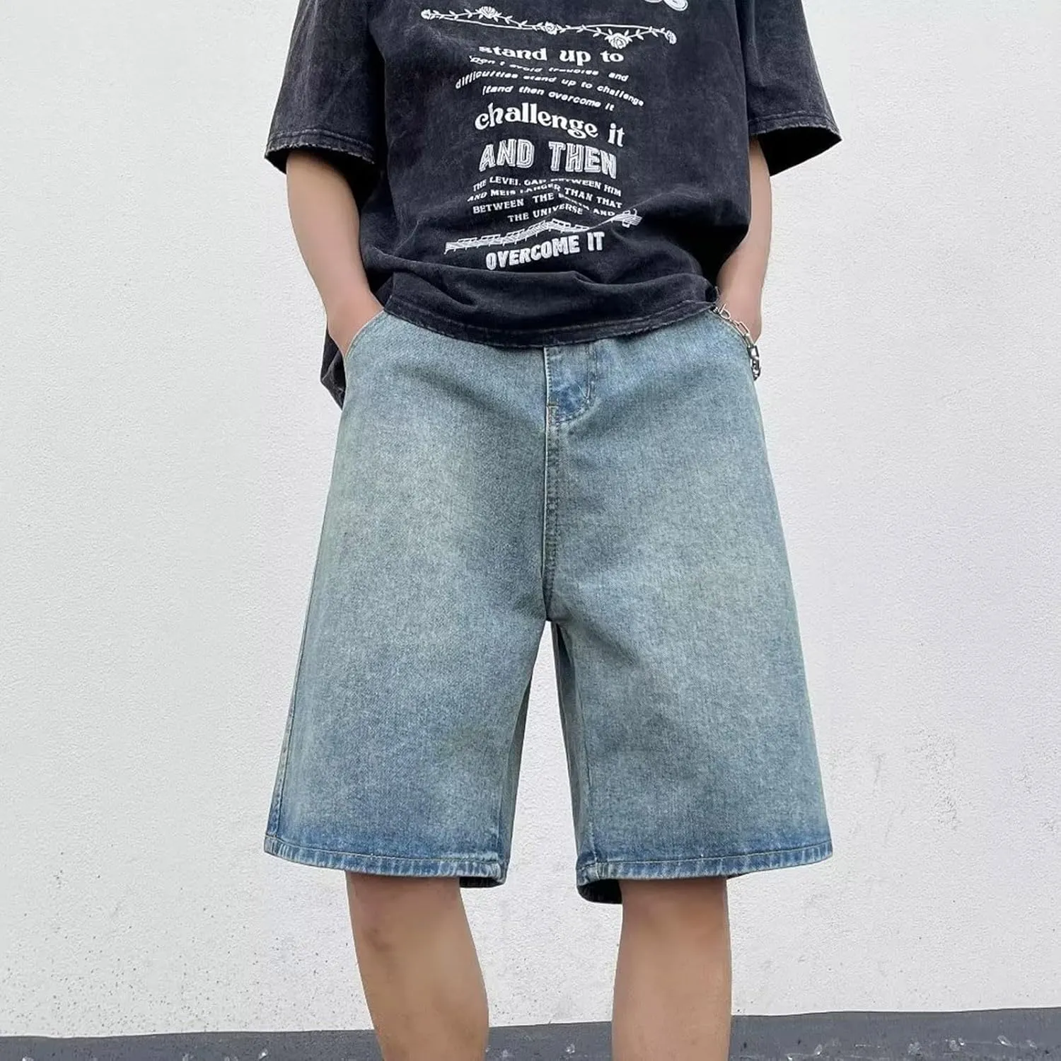 Men's Loose Fit Hip Hop Long Jean Shorts Work Denim Shorts with Pockets Skateboard Trendy Outfits