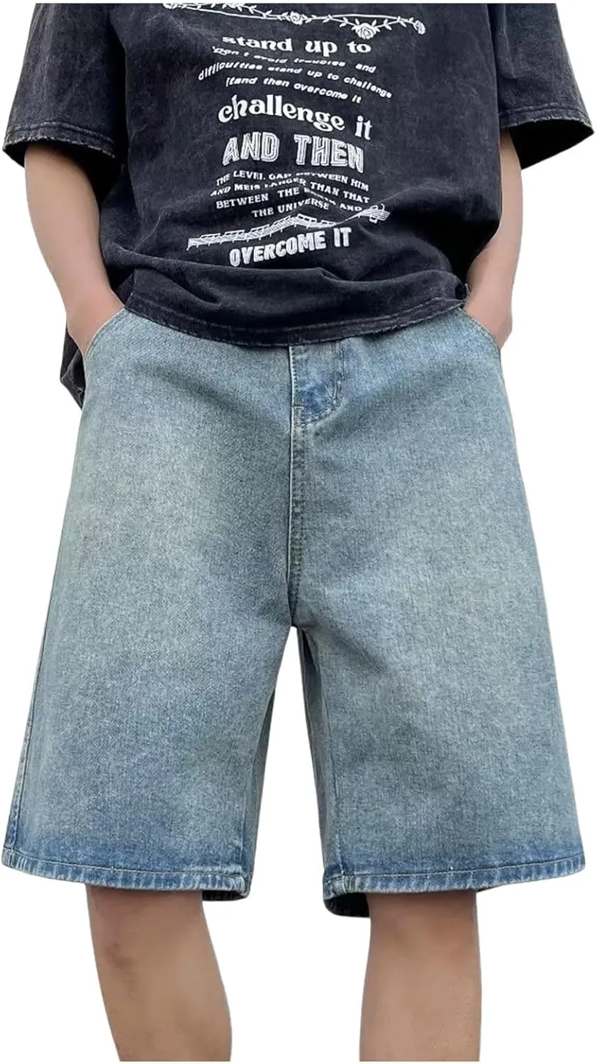 Men's Loose Fit Hip Hop Long Jean Shorts Work Denim Shorts with Pockets Skateboard Trendy Outfits