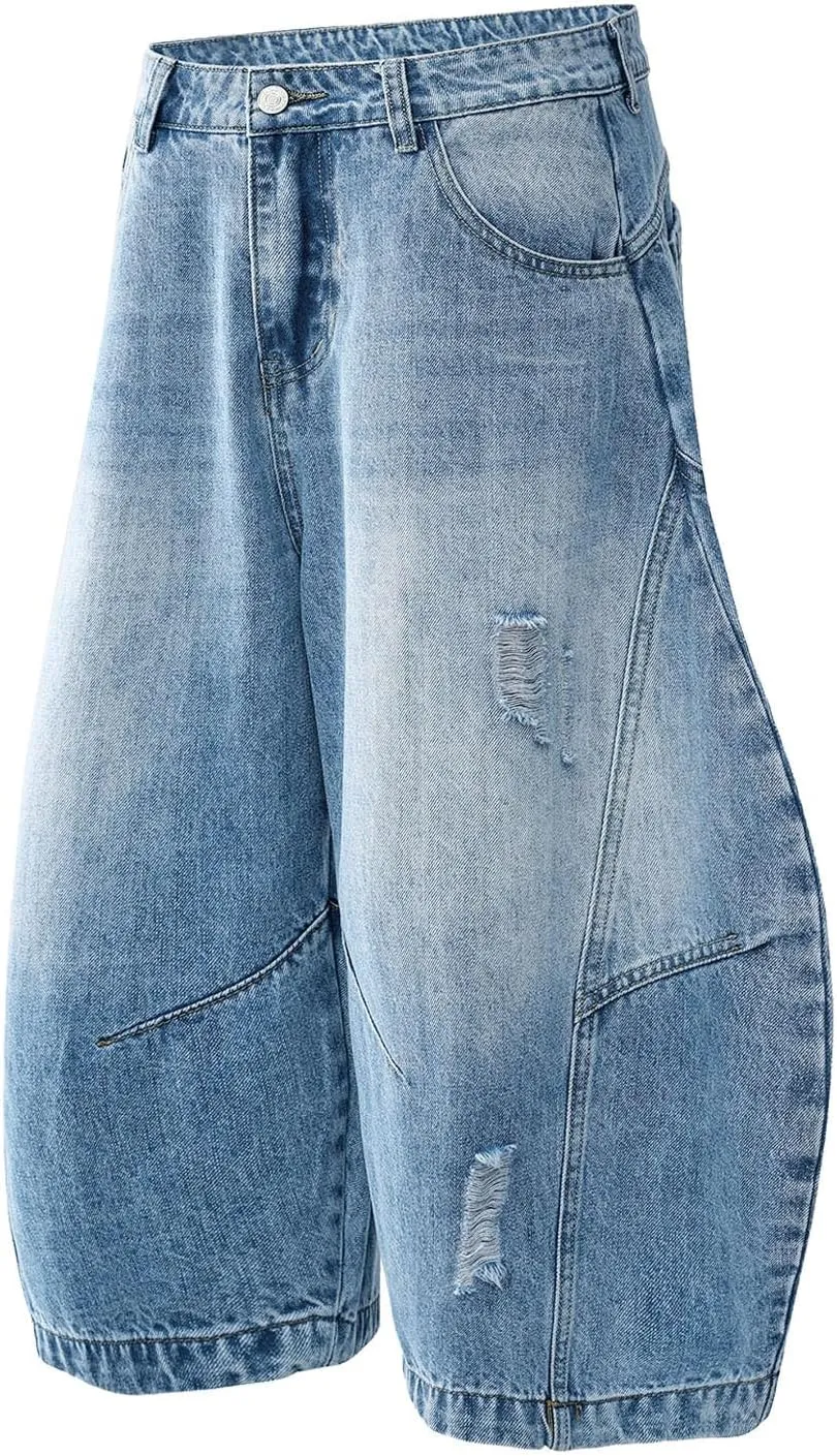 Men's Loose Fit Hip Hop Long Jean Shorts Work Denim Shorts with Pockets Skateboard Trendy Outfits