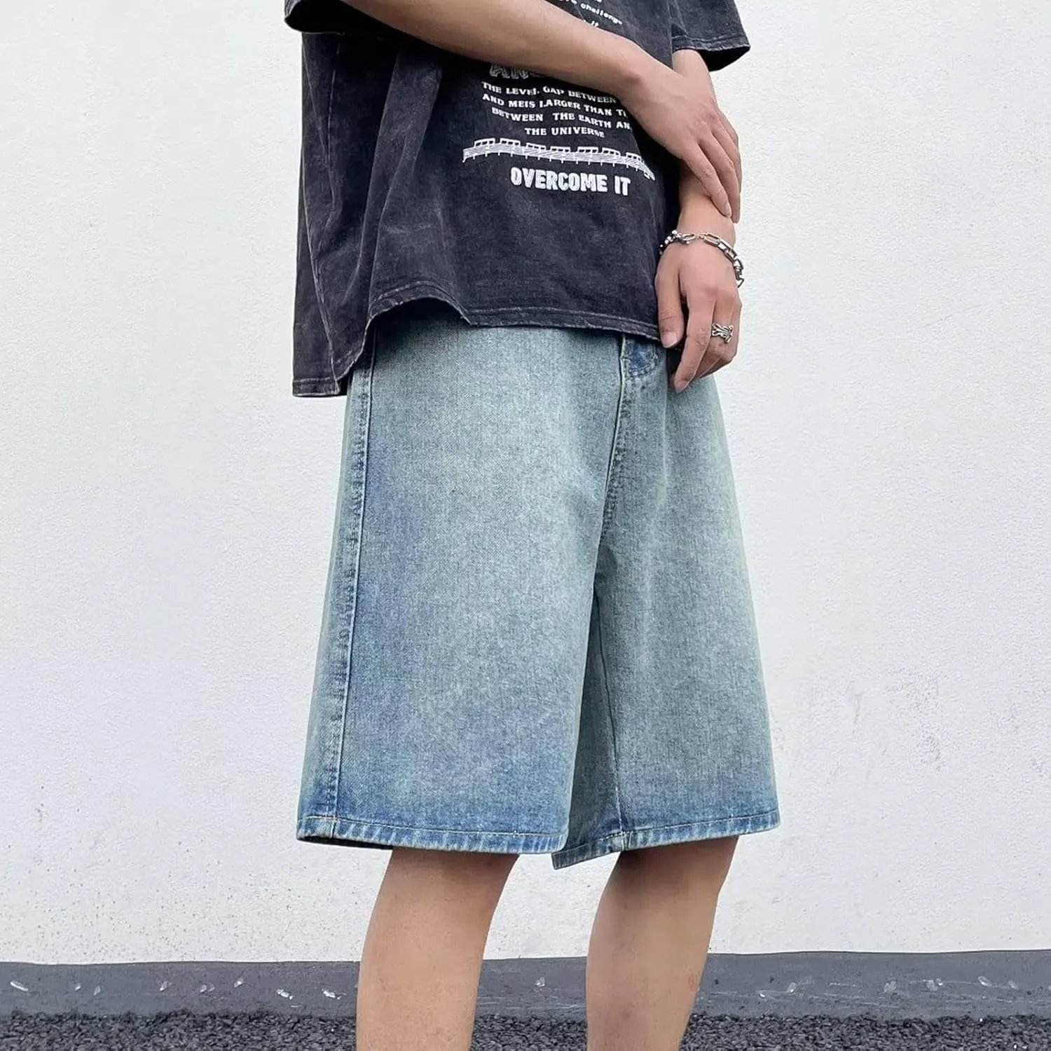 Men's Loose Fit Hip Hop Long Jean Shorts Work Denim Shorts with Pockets Skateboard Trendy Outfits