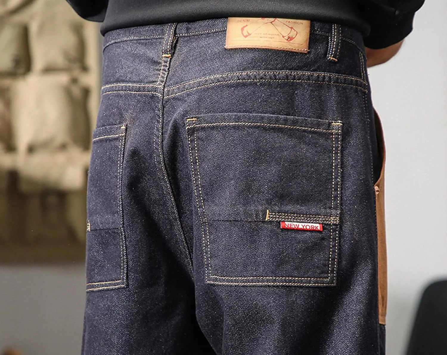 Men's Loose Fit Straight Leg Denim Pants Baggy Plus Size Patchwork Jeans Trousers