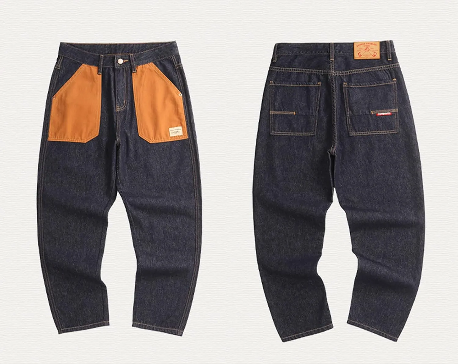 Men's Loose Fit Straight Leg Denim Pants Baggy Plus Size Patchwork Jeans Trousers