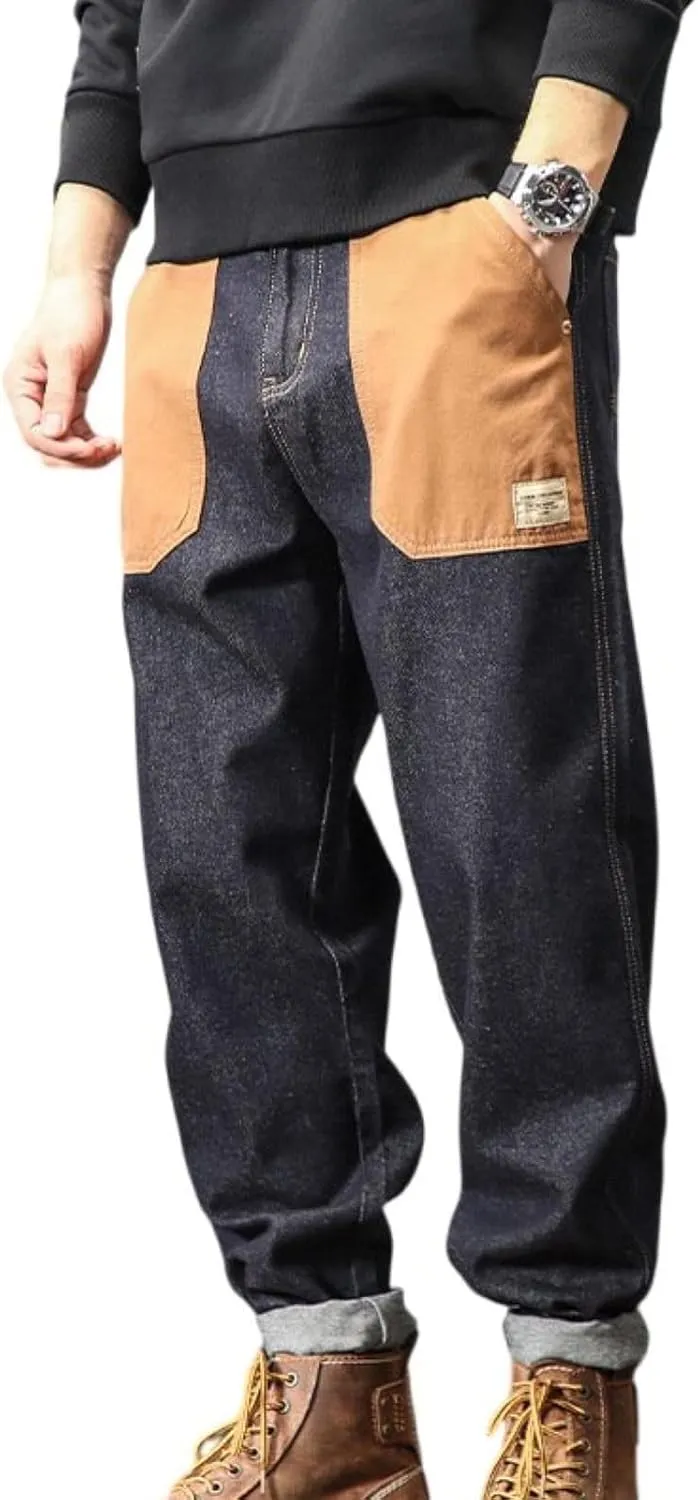 Men's Loose Fit Straight Leg Denim Pants Baggy Plus Size Patchwork Jeans Trousers