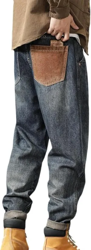 Men's Loose Fit Straight Leg Denim Pants Baggy Plus Size Patchwork Jeans Trousers