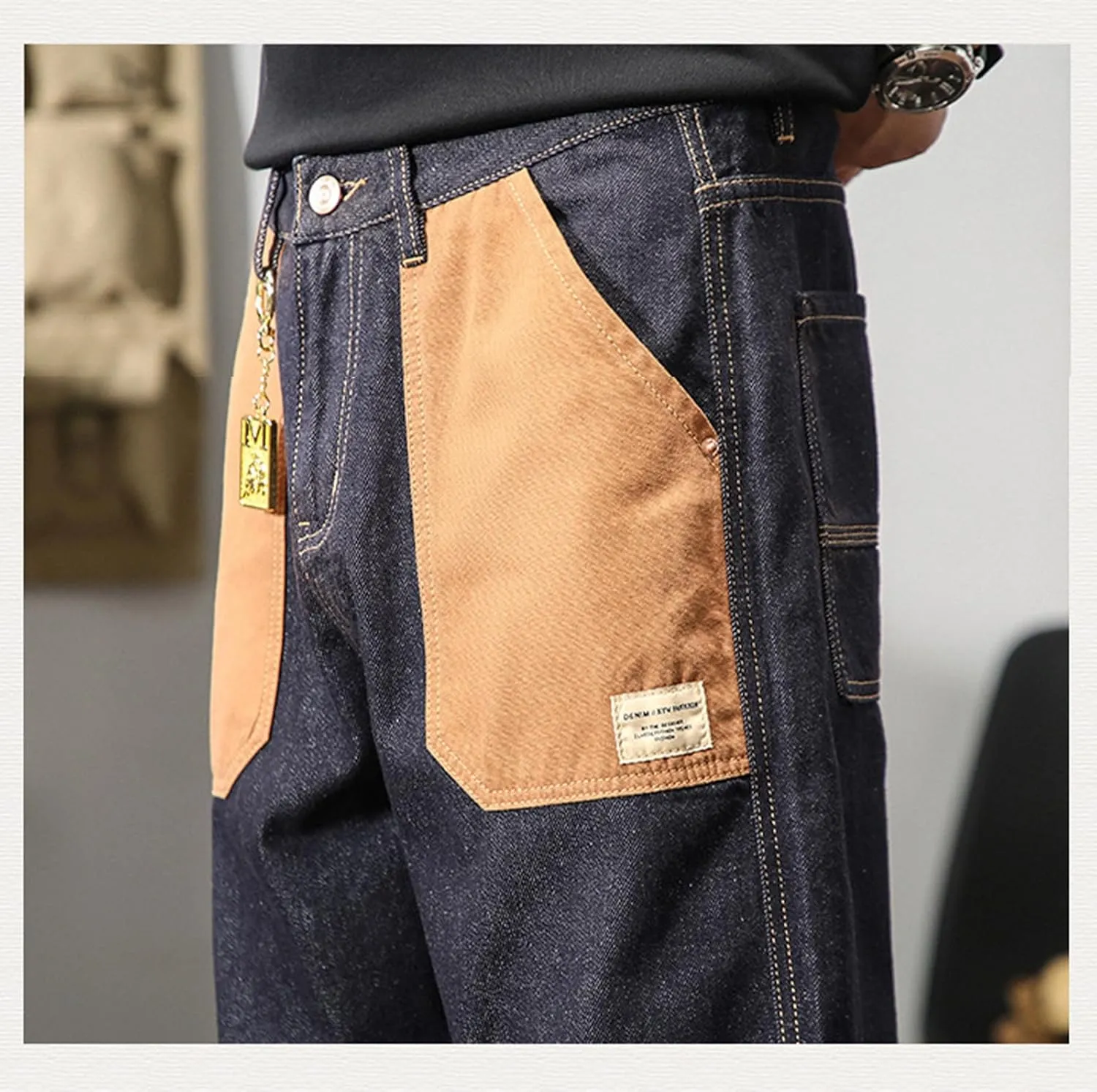 Men's Loose Fit Straight Leg Denim Pants Baggy Plus Size Patchwork Jeans Trousers