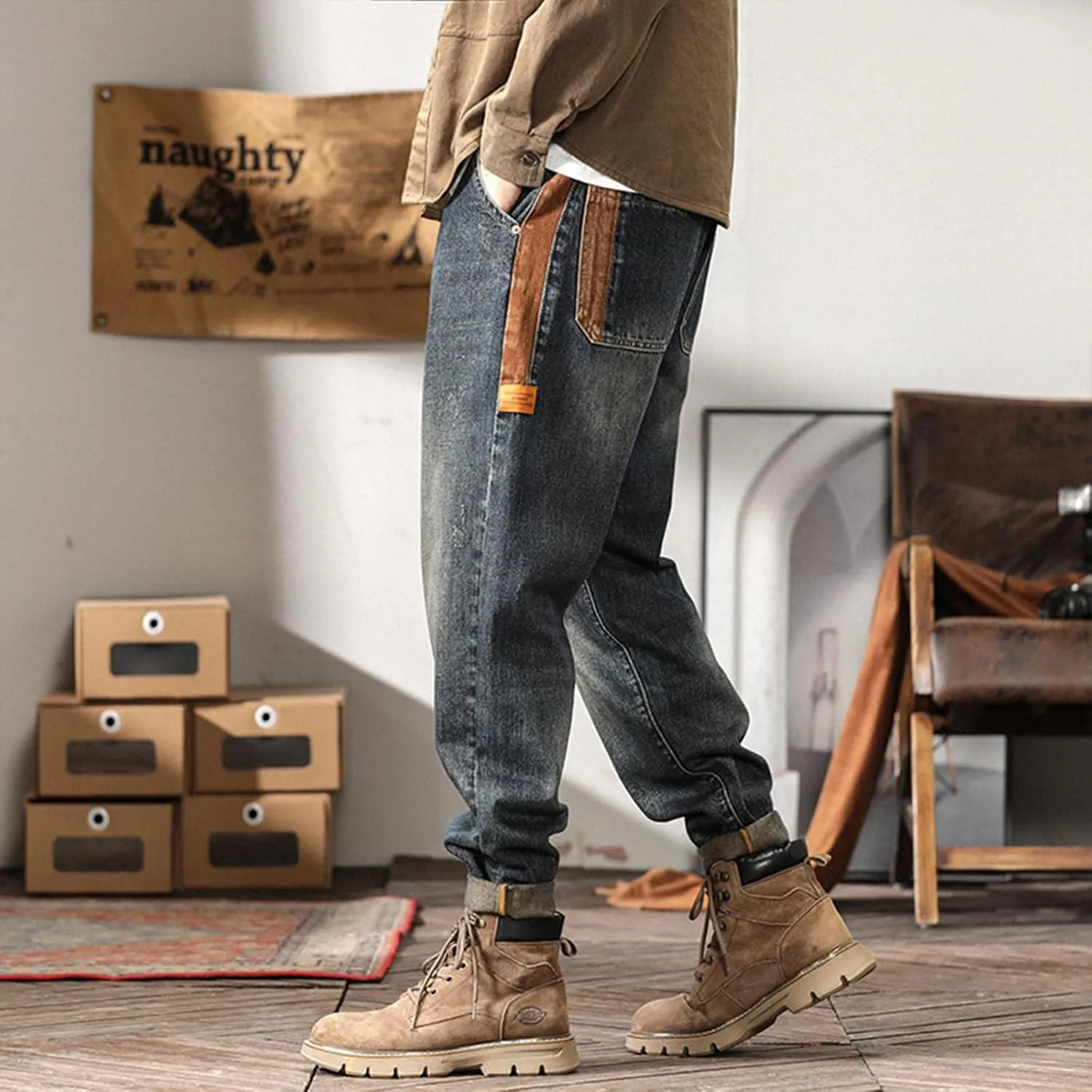 Men's Loose Fit Straight Leg Denim Pants Baggy Plus Size Patchwork Jeans Trousers