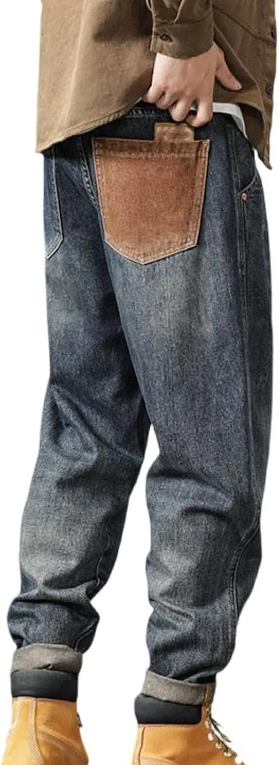Men's Loose Fit Straight Leg Denim Pants Baggy Plus Size Patchwork Jeans Trousers