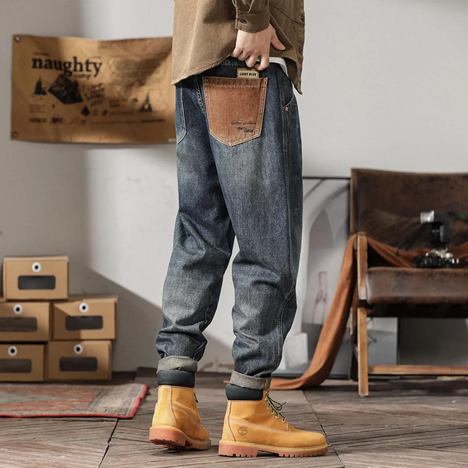 Men's Loose Fit Straight Leg Denim Pants Baggy Plus Size Patchwork Jeans Trousers