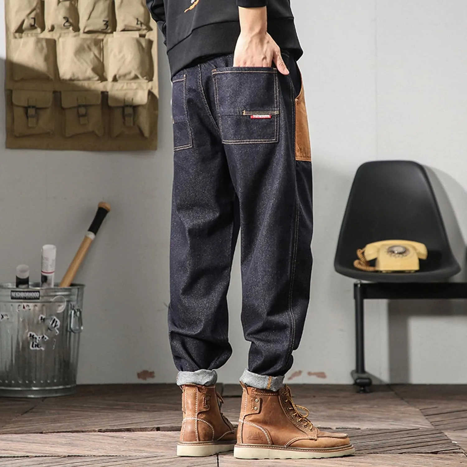 Men's Loose Fit Straight Leg Denim Pants Baggy Plus Size Patchwork Jeans Trousers