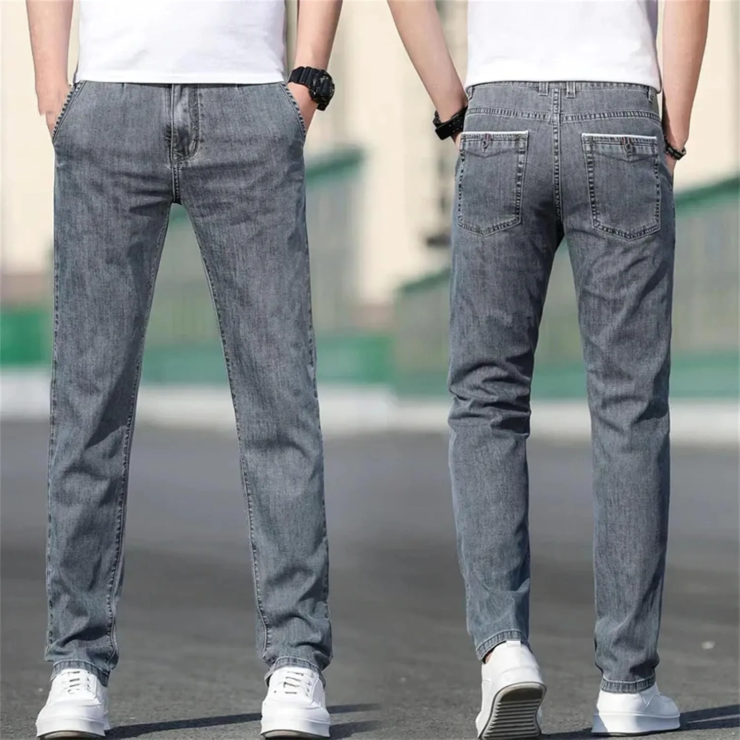 Men's Loose Stretch Jeans Fashion Casual High Waist Straight-Leg Denim with Pockets
