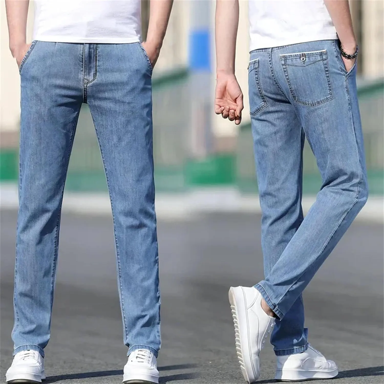 Men's Loose Stretch Jeans Fashion Casual High Waist Straight-Leg Denim with Pockets