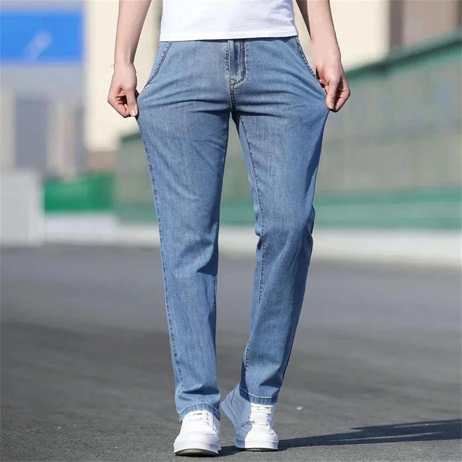 Men's Loose Stretch Jeans Fashion Casual High Waist Straight-Leg Denim with Pockets