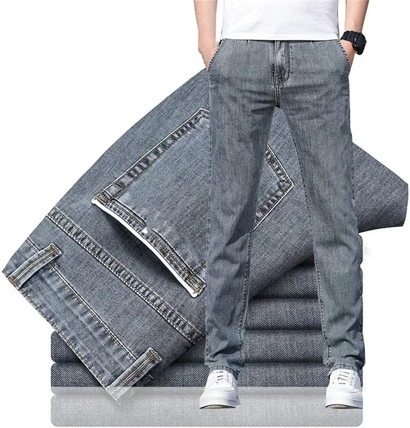 Men's Loose Stretch Jeans Fashion Casual High Waist Straight-Leg Denim with Pockets
