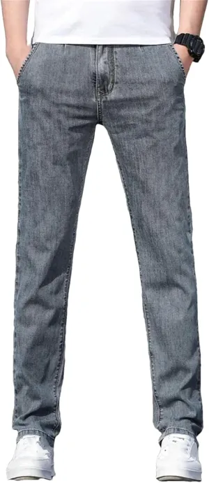 Men's Loose Stretch Jeans Fashion Casual High Waist Straight-Leg Denim with Pockets