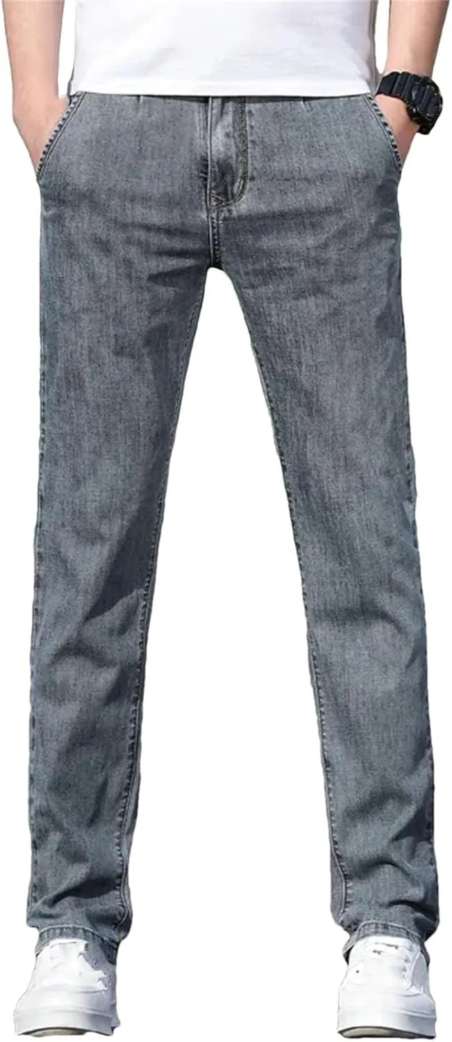 Men's Loose Stretch Jeans Fashion Casual High Waist Straight-Leg Denim with Pockets