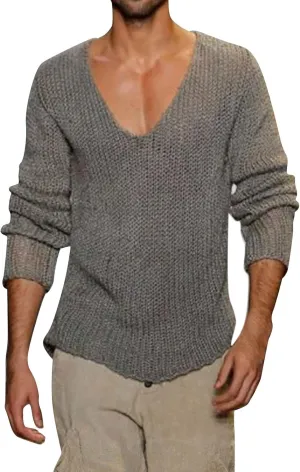 Men's Oversized Sweaters V Neck Long Sleeve Knitted Lightweight Sweaters Autumn Solid Comfortable Gym Sportswear
