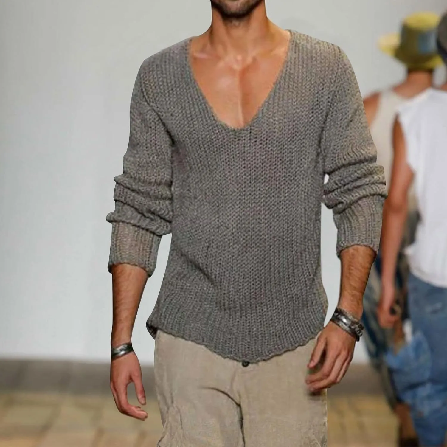 Men's Oversized Sweaters V Neck Long Sleeve Knitted Lightweight Sweaters Autumn Solid Comfortable Gym Sportswear