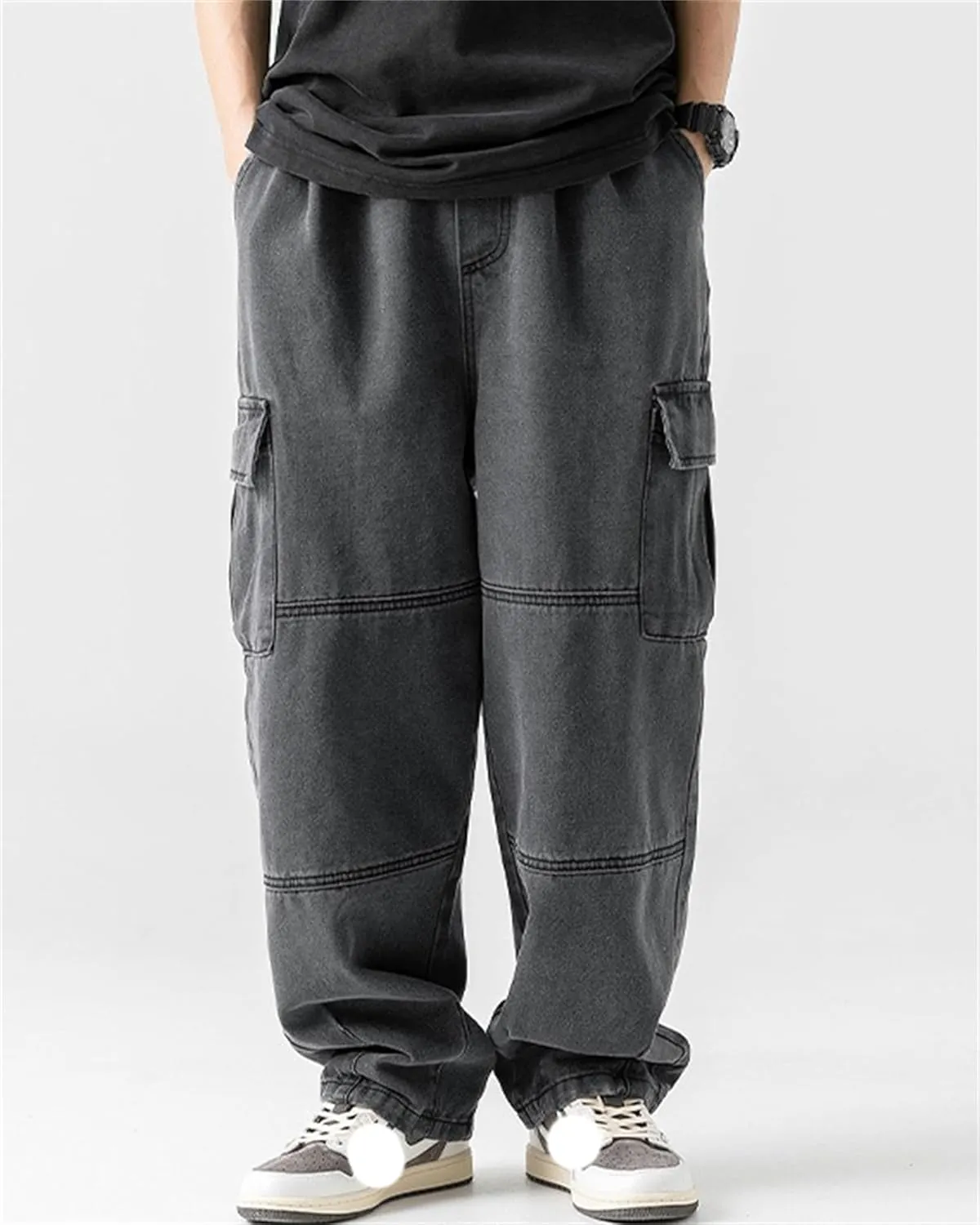 Men's Patchwork Jeans Loose Baggy Hip Hop Wash Straight Leg Denim Cargo Pants Drawstring