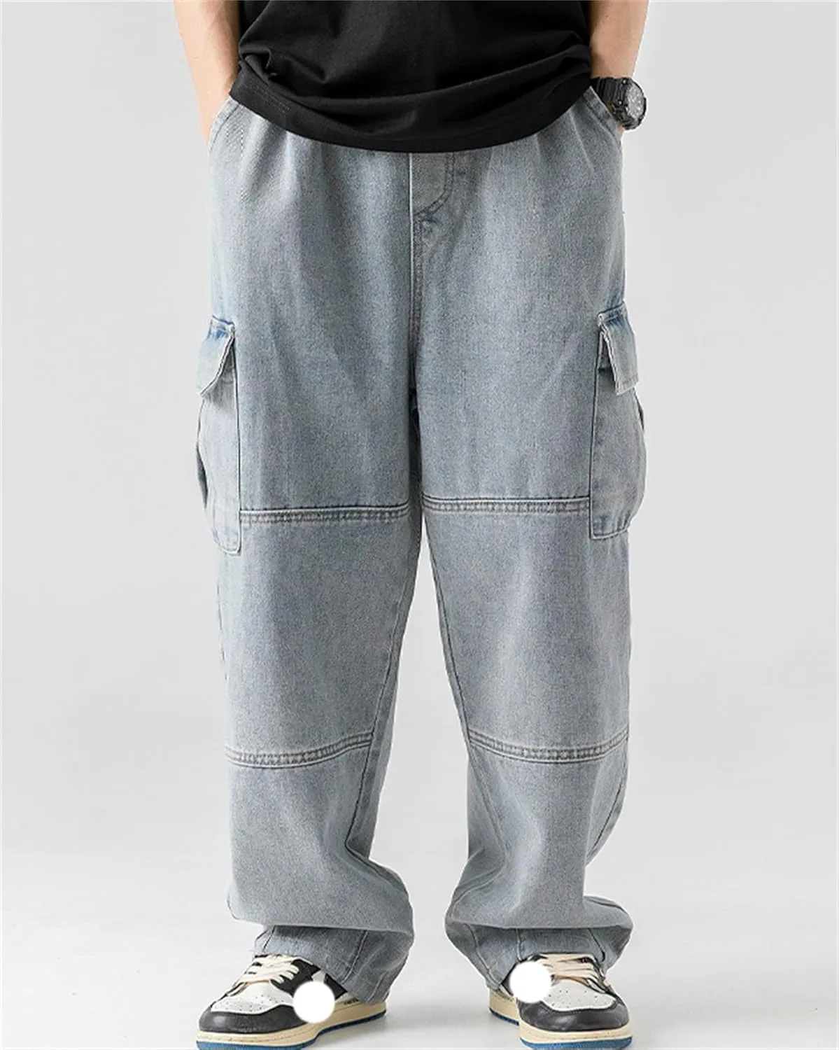 Men's Patchwork Jeans Loose Baggy Hip Hop Wash Straight Leg Denim Cargo Pants Drawstring