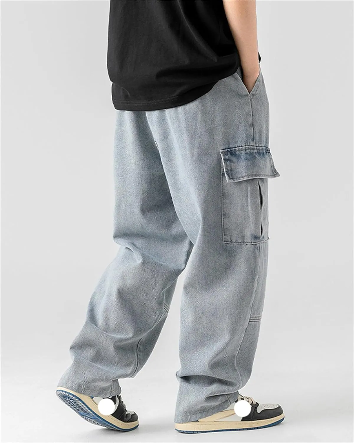 Men's Patchwork Jeans Loose Baggy Hip Hop Wash Straight Leg Denim Cargo Pants Drawstring