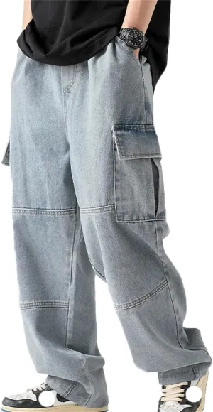Men's Patchwork Jeans Loose Baggy Hip Hop Wash Straight Leg Denim Cargo Pants Drawstring