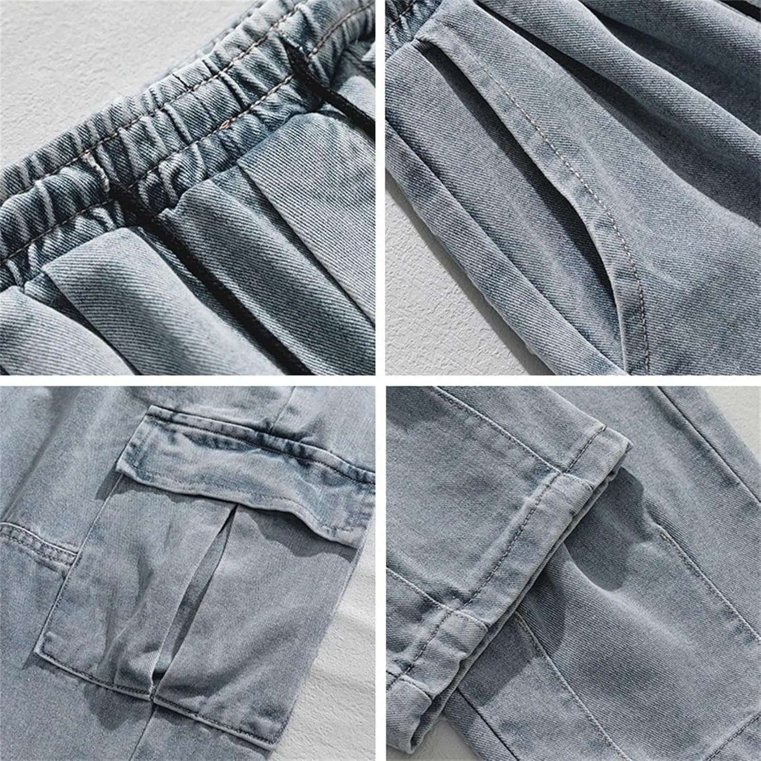 Men's Patchwork Jeans Loose Baggy Hip Hop Wash Straight Leg Denim Cargo Pants Drawstring