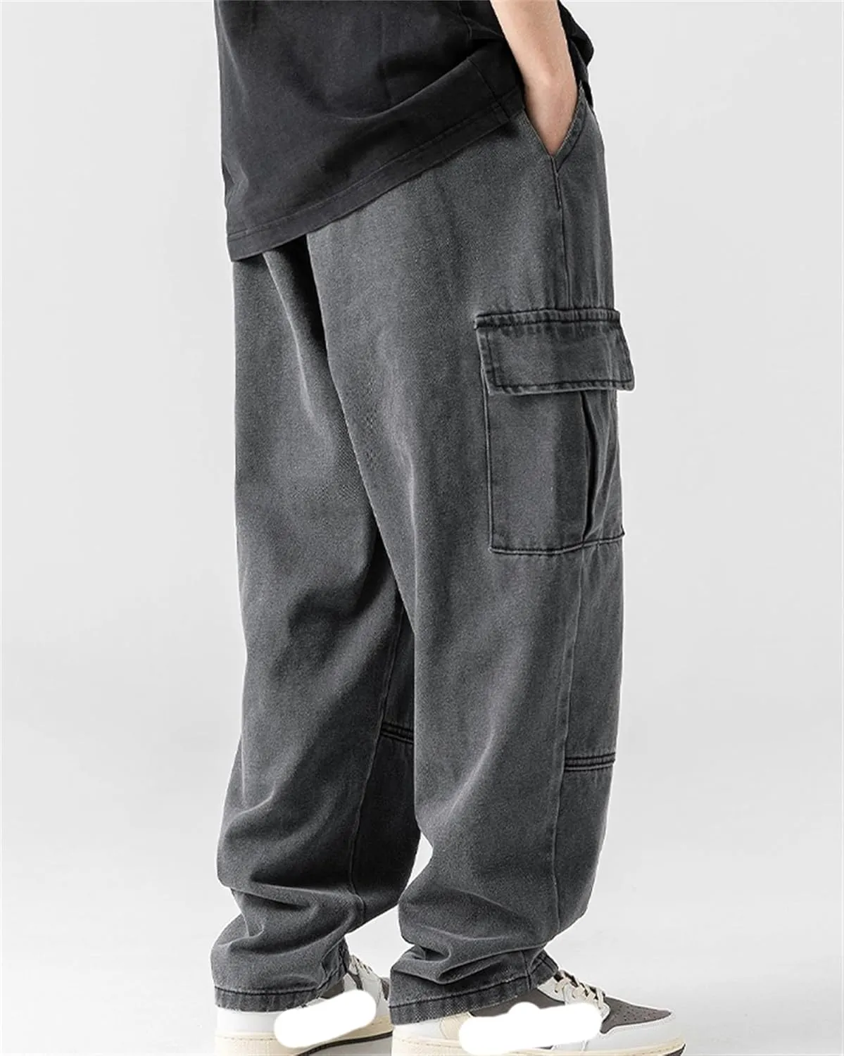 Men's Patchwork Jeans Loose Baggy Hip Hop Wash Straight Leg Denim Cargo Pants Drawstring