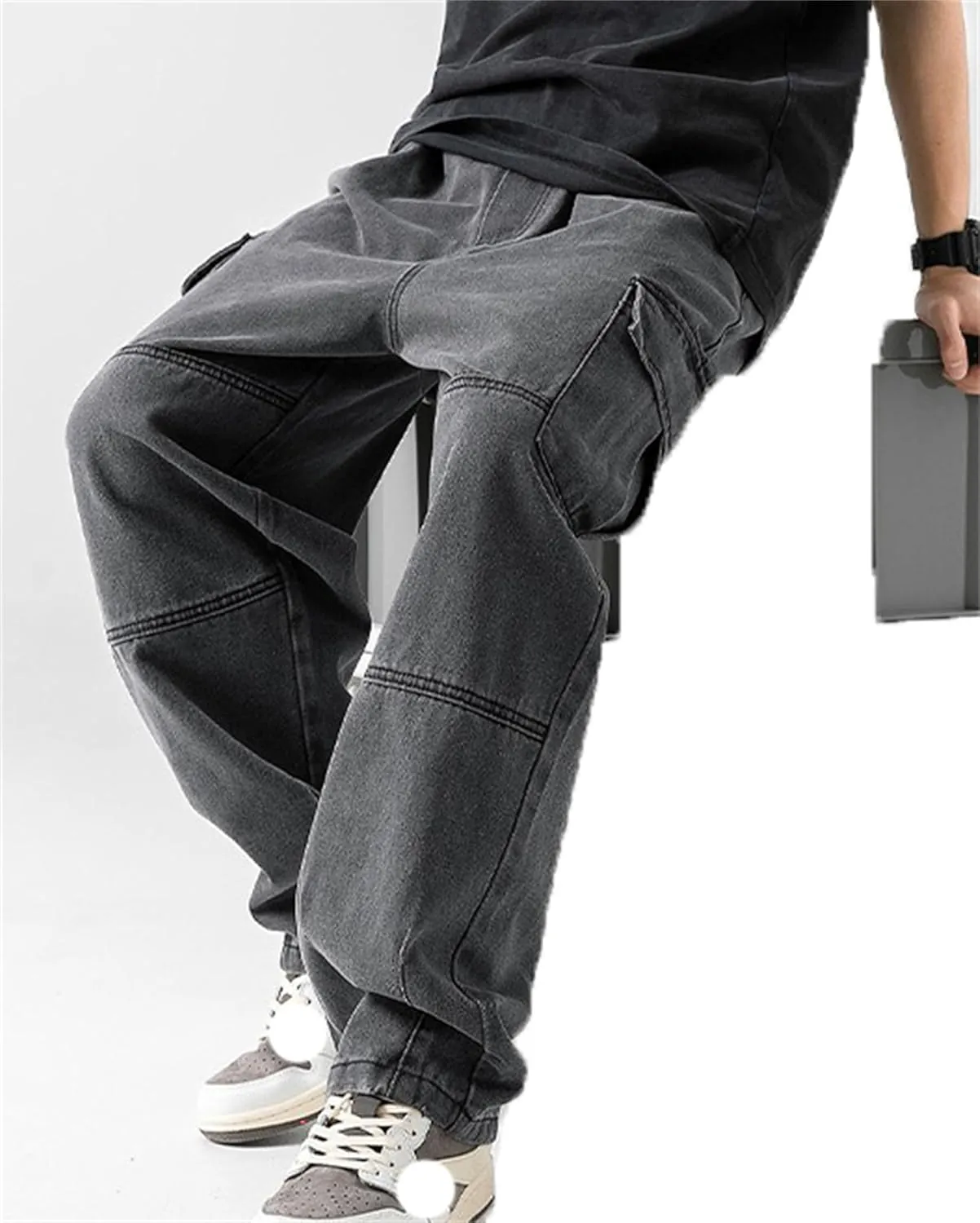 Men's Patchwork Jeans Loose Baggy Hip Hop Wash Straight Leg Denim Cargo Pants Drawstring