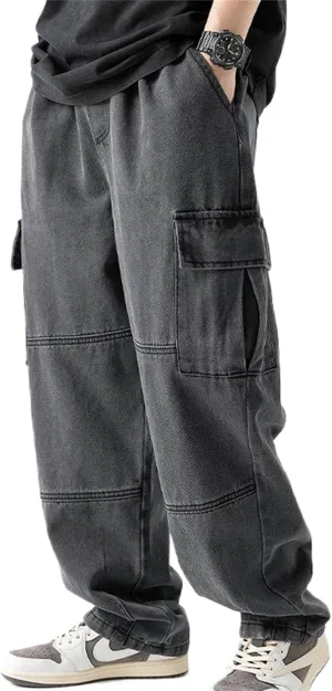 Men's Patchwork Jeans Loose Baggy Hip Hop Wash Straight Leg Denim Cargo Pants Drawstring