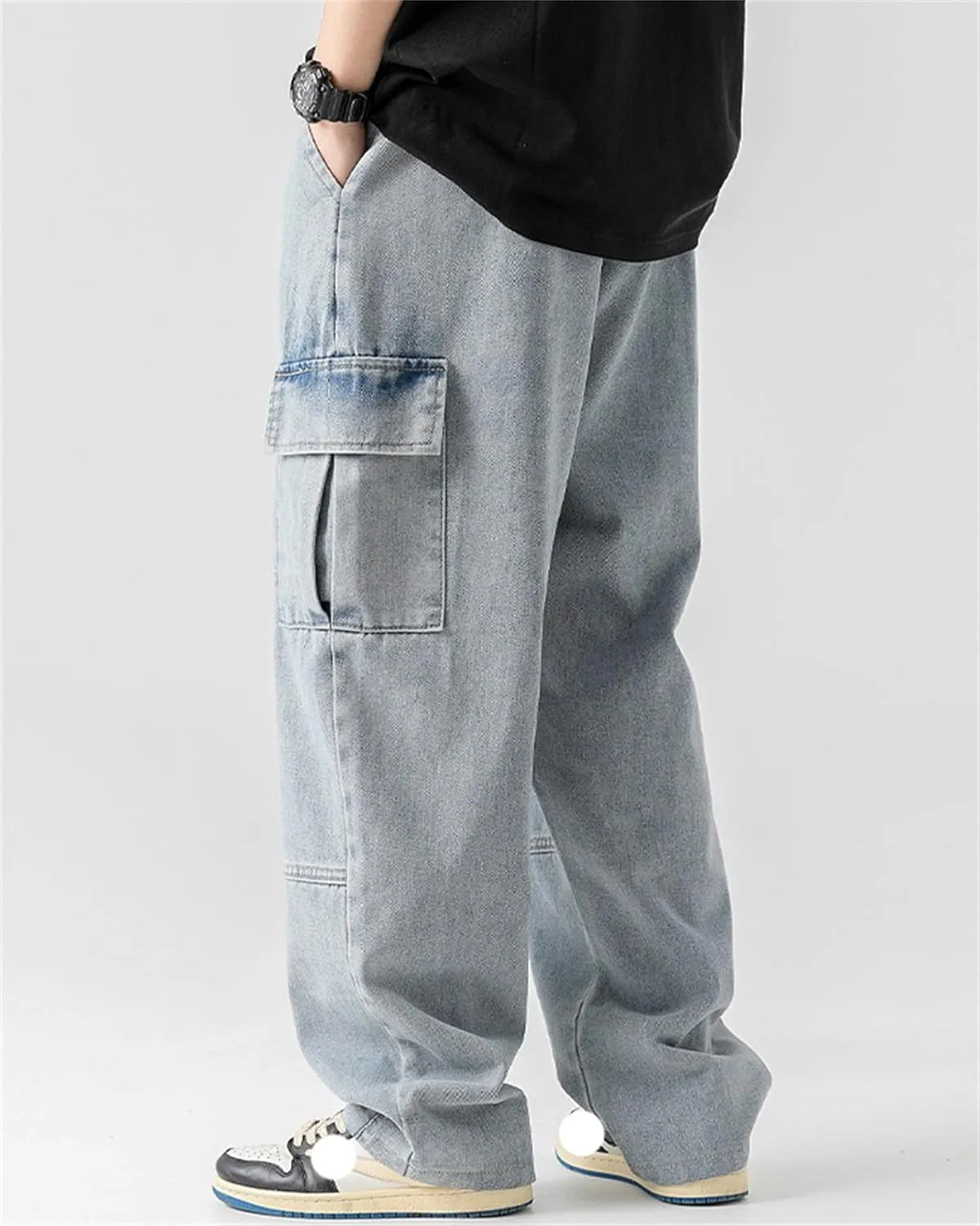 Men's Patchwork Jeans Loose Baggy Hip Hop Wash Straight Leg Denim Cargo Pants Drawstring