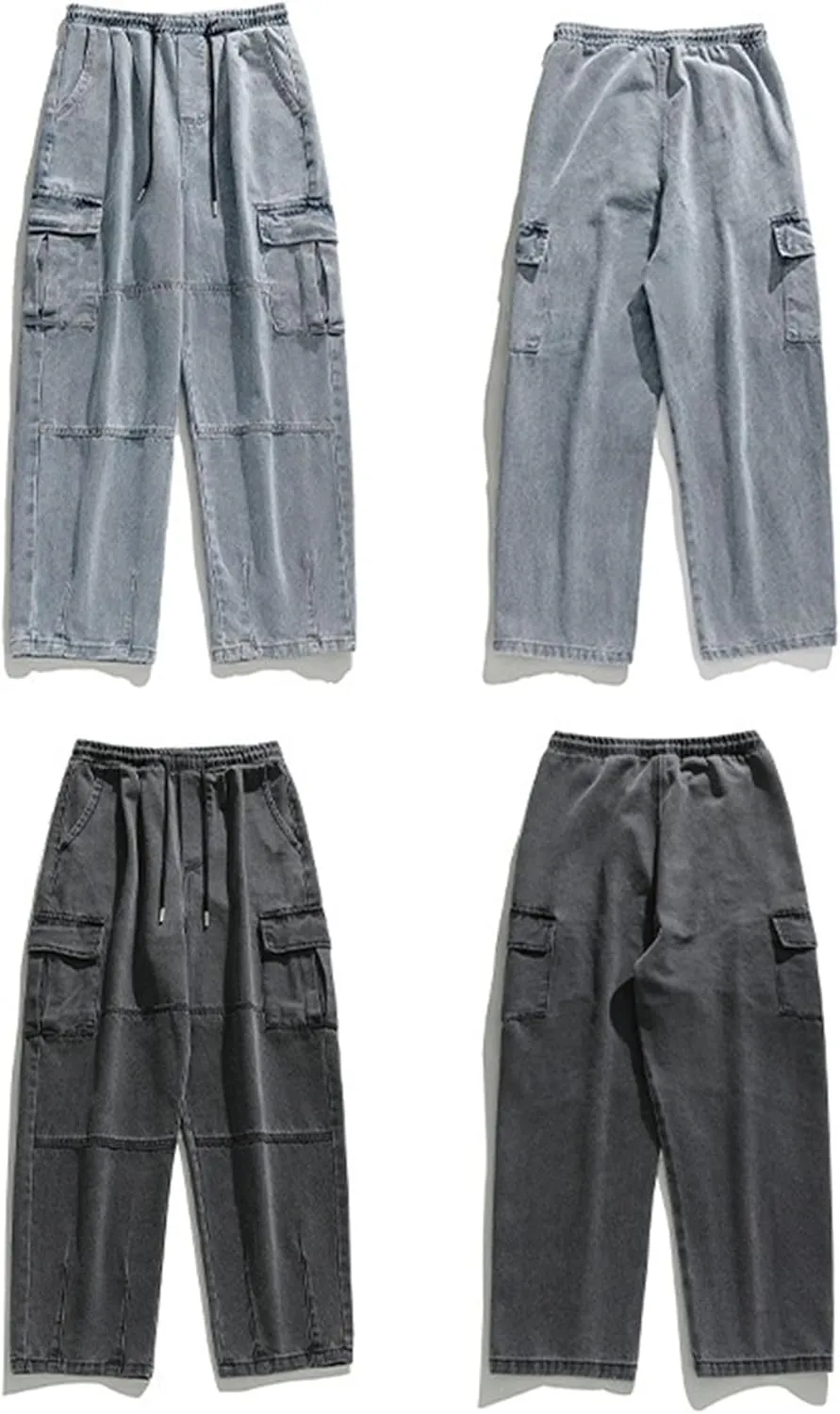 Men's Patchwork Jeans Loose Baggy Hip Hop Wash Straight Leg Denim Cargo Pants Drawstring