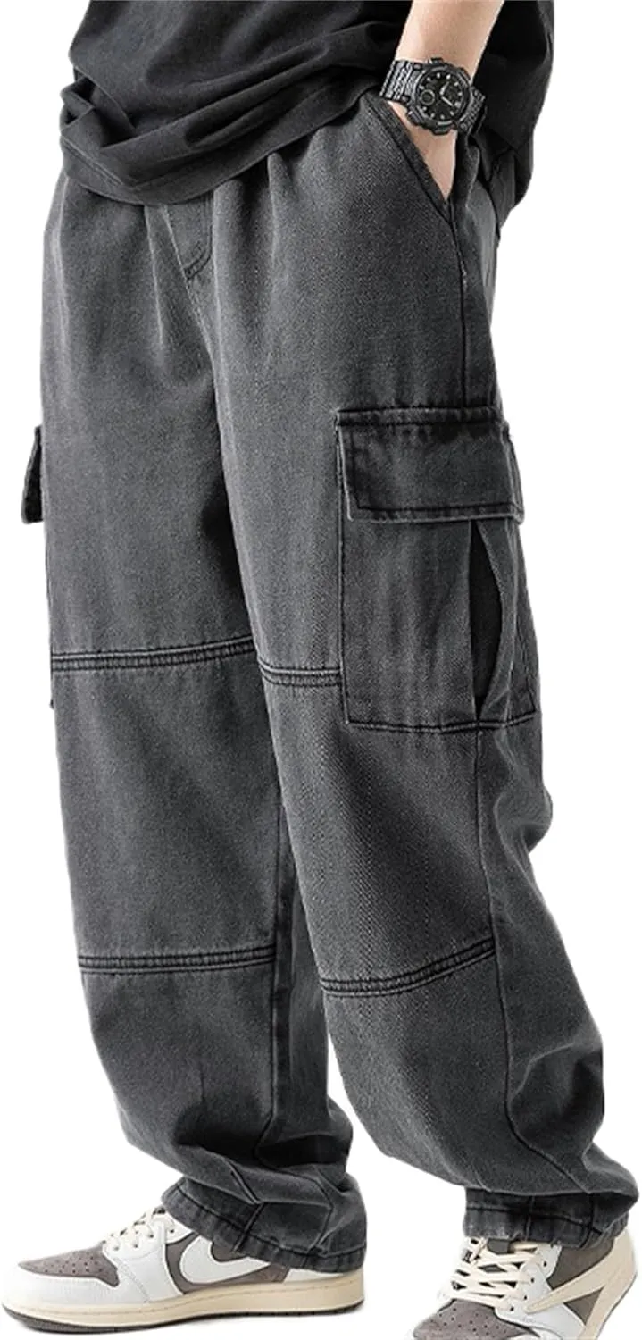 Men's Patchwork Jeans Loose Baggy Hip Hop Wash Straight Leg Denim Cargo Pants Drawstring