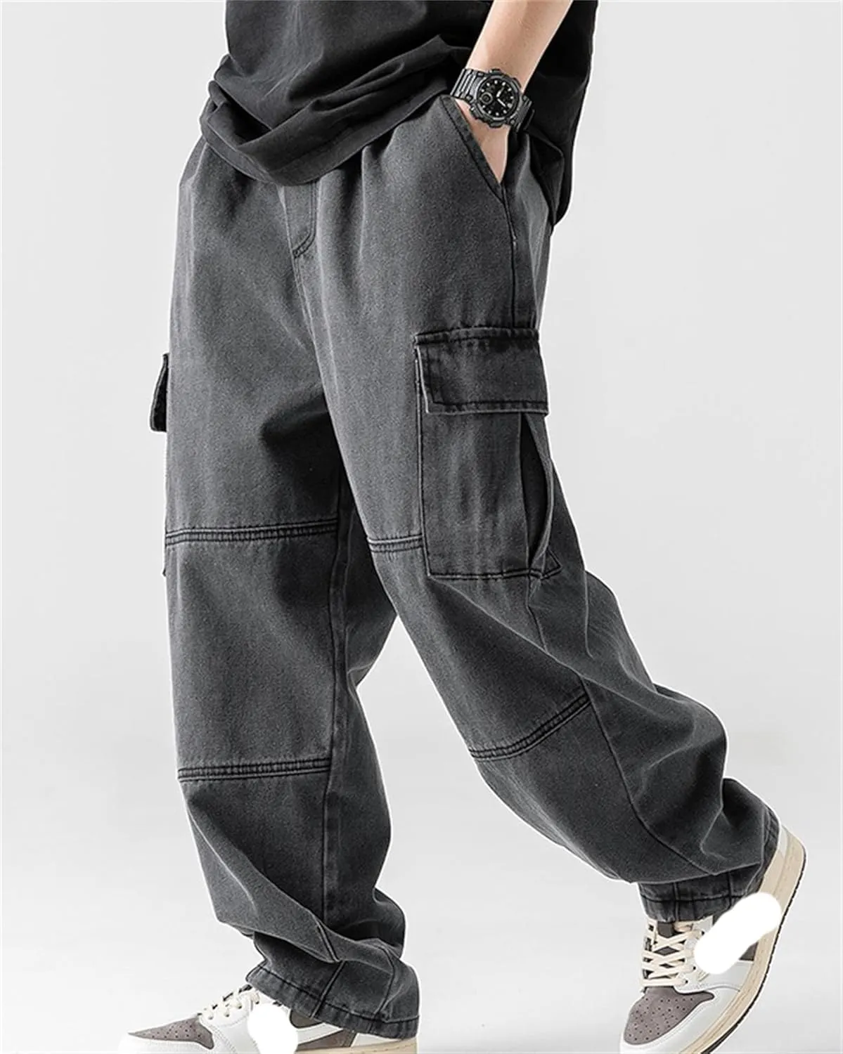 Men's Patchwork Jeans Loose Baggy Hip Hop Wash Straight Leg Denim Cargo Pants Drawstring