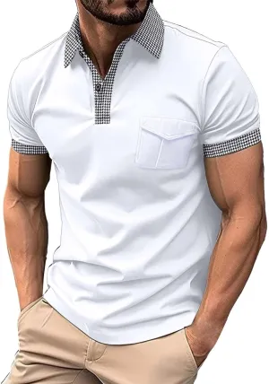 Men's Quarter Button Polo Shirts Casual Knit Short Sleeve Ribbed Polo T Shirt Classic Fit Golf Shirts Activewear Tops