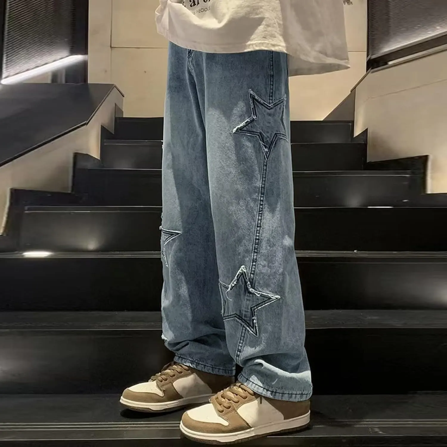 Men's Regular Fit Jeans Fit Ripped Trousers Slim Straight Men's Pants Washed Old Loose Fashion Casual Jeans Men Blue