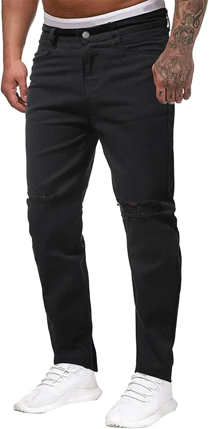 Men's Regular Fit Straight Hole Buckle Zipper Denim Long Pants Trousers Pants Men Jean Relaxed Jeans Men Denim