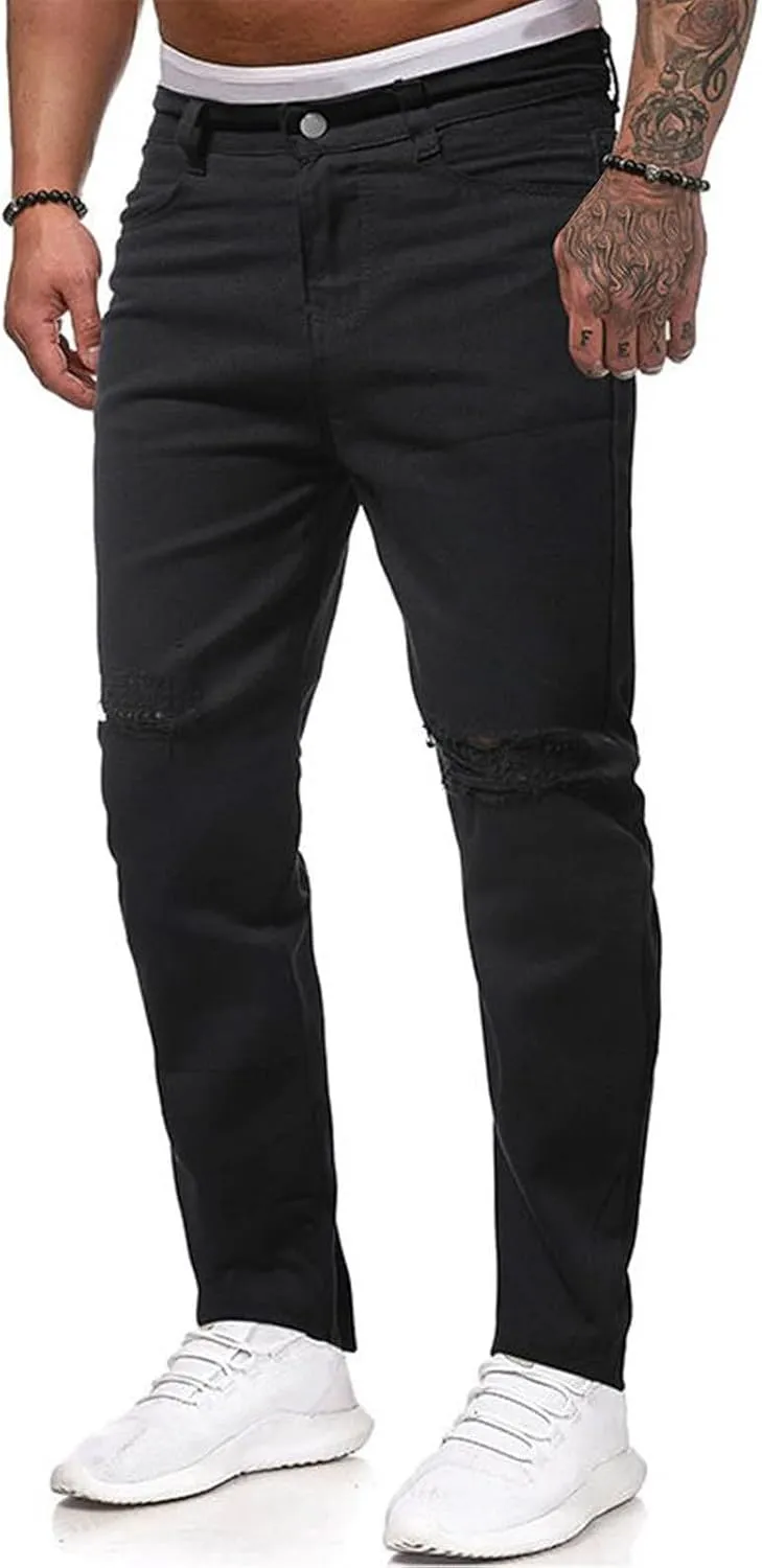 Men's Regular Fit Straight Hole Buckle Zipper Denim Long Pants Trousers Pants Men Jean Relaxed Jeans Men Denim