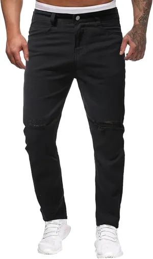 Men's Regular Fit Straight Hole Buckle Zipper Denim Long Pants Trousers Pants Men Jean Relaxed Jeans Men Denim