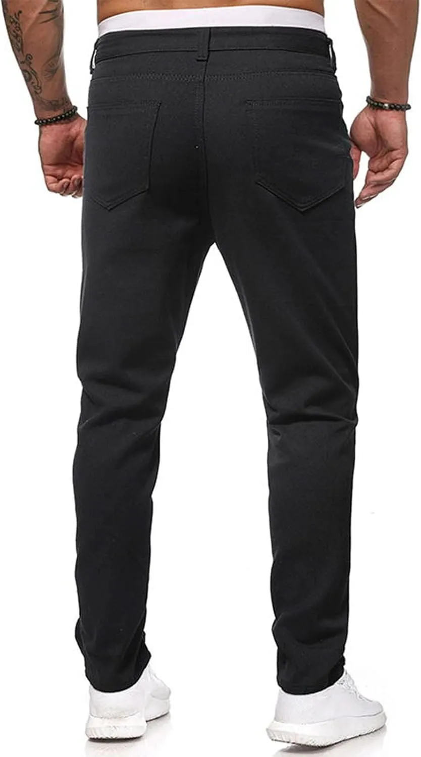 Men's Regular Fit Straight Hole Buckle Zipper Denim Long Pants Trousers Pants Men Jean Relaxed Jeans Men Denim