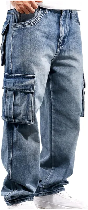 Men's Relaxed Fit Cargo Jeans Vintage Washed Straight Leg Work Denim Pants Stretch 6 Pockets Utility Pants Streetwear