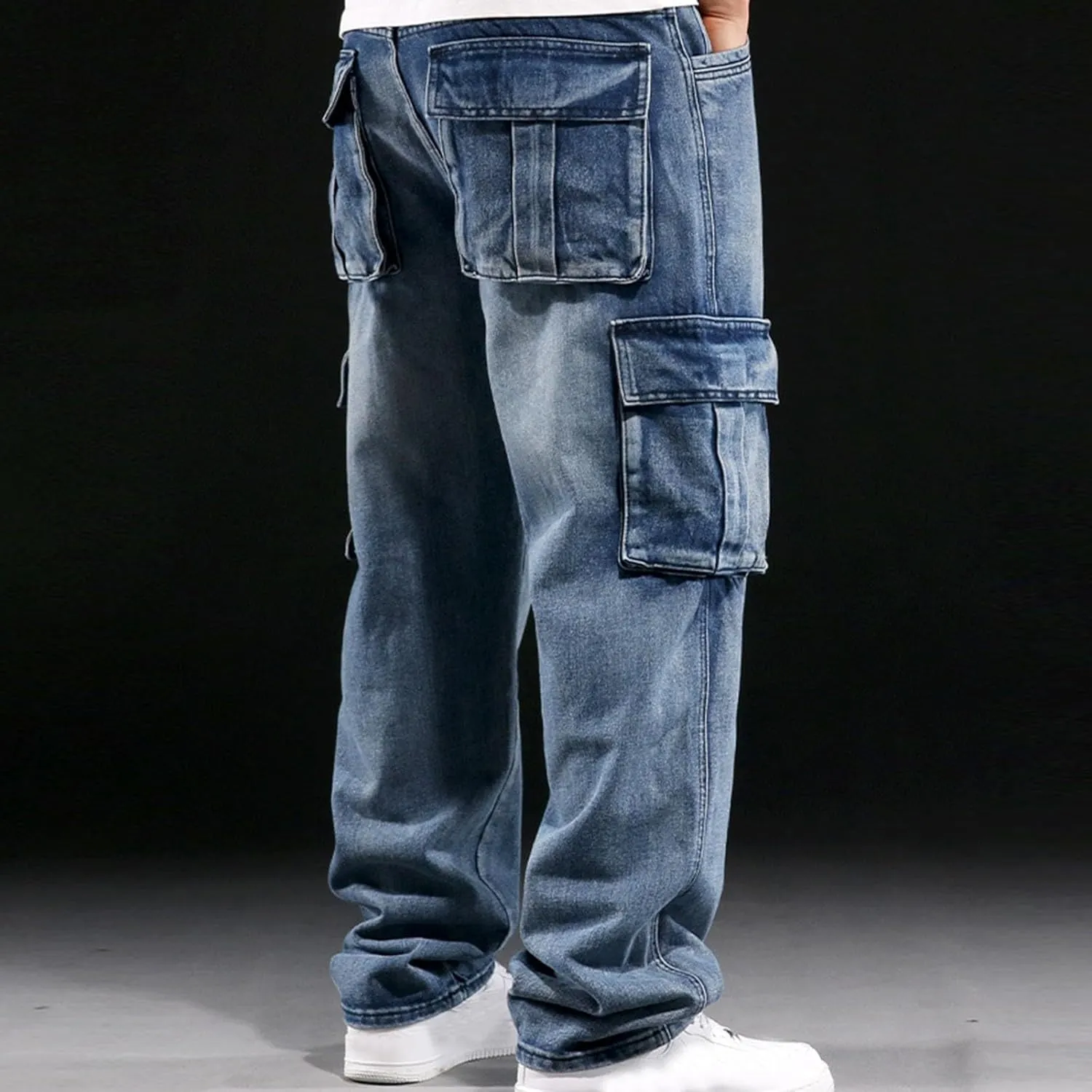 Men's Relaxed Fit Cargo Jeans Vintage Washed Straight Leg Work Denim Pants Stretch 6 Pockets Utility Pants Streetwear