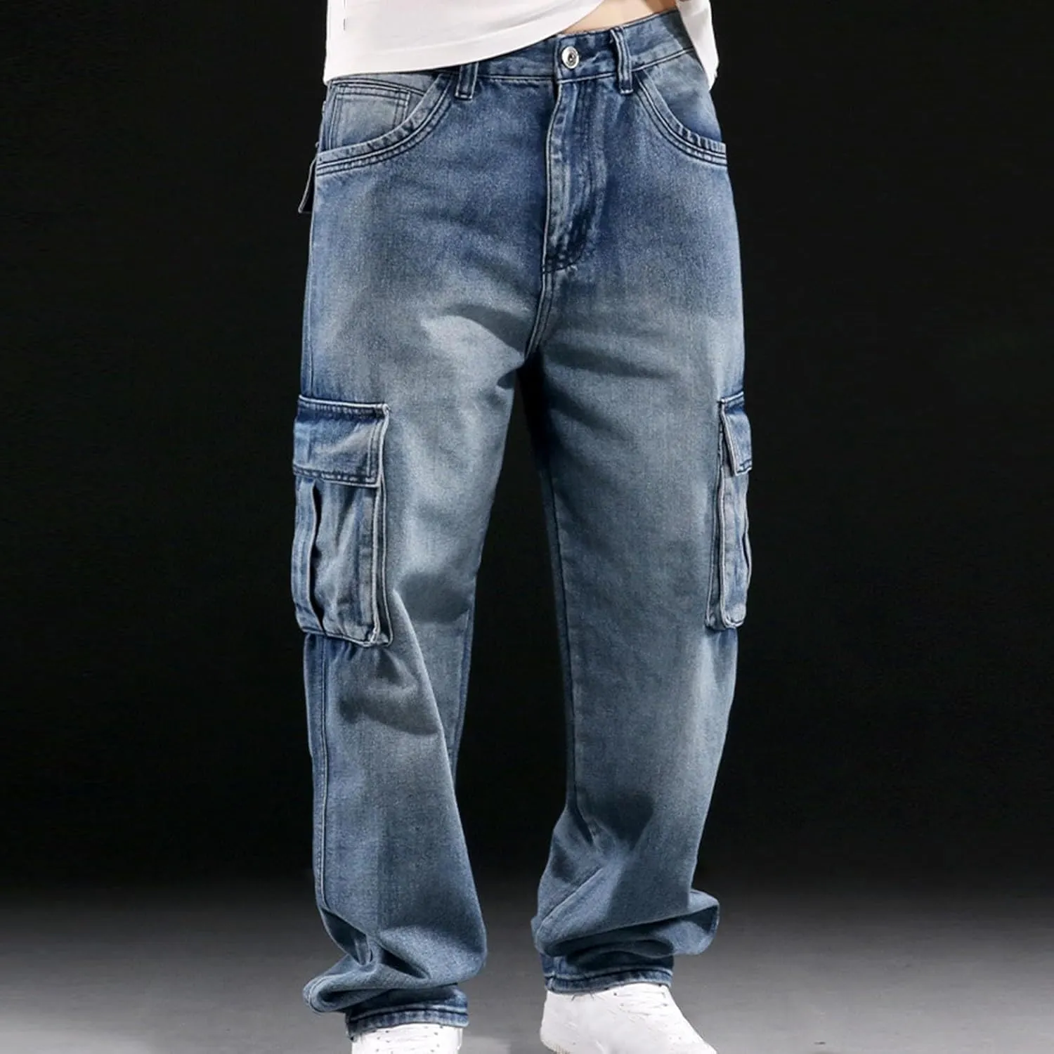 Men's Relaxed Fit Cargo Jeans Vintage Washed Straight Leg Work Denim Pants Stretch 6 Pockets Utility Pants Streetwear