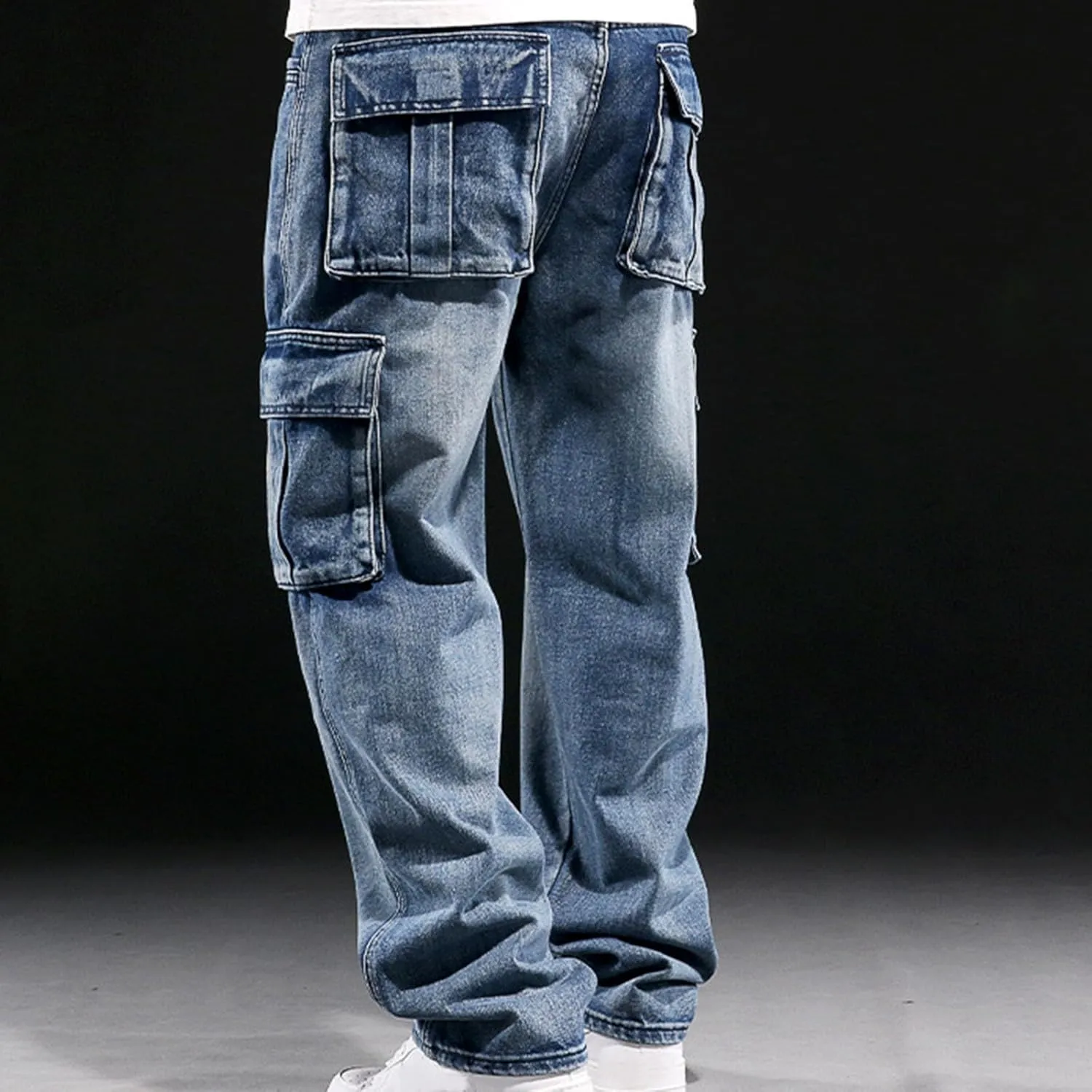 Men's Relaxed Fit Cargo Jeans Vintage Washed Straight Leg Work Denim Pants Stretch 6 Pockets Utility Pants Streetwear