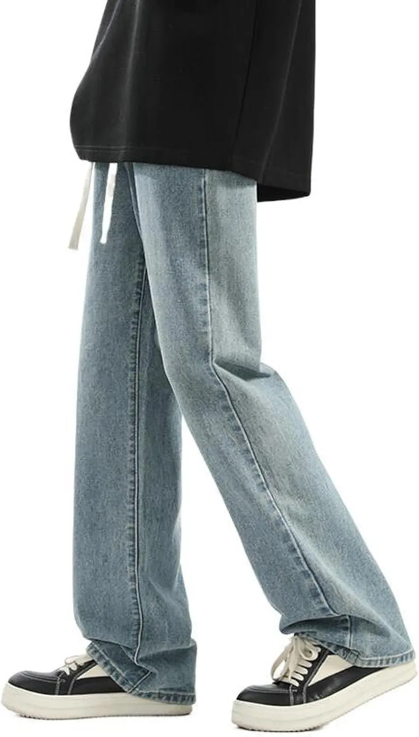 Men's Relaxed Fit Jeans Washed Vintage Denim Pants Teen Boys Jeans Casual Straight Leg Drawstring Trousers Streetwear